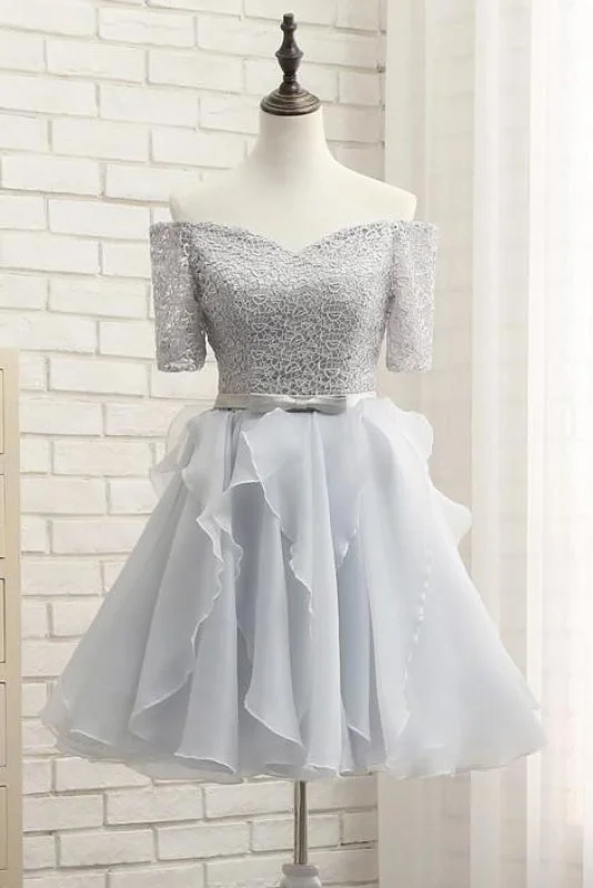 Silver Off-the-shoulder Homecoming Half Sleeve Short Prom Party Dress with Band Tunics Fall fleece Silver Off-the-shoulder Homecoming Half Sleeve Short Prom Party Dress with Band Tunics Fall fleece