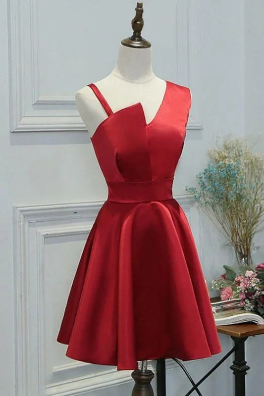 Simple A-line Red Sleeveless Homecoming Short Prom Party Dresses Satin Halter Glamorous Simple A-line Red Sleeveless Homecoming Short Prom Party Dresses Satin Halter Glamorous