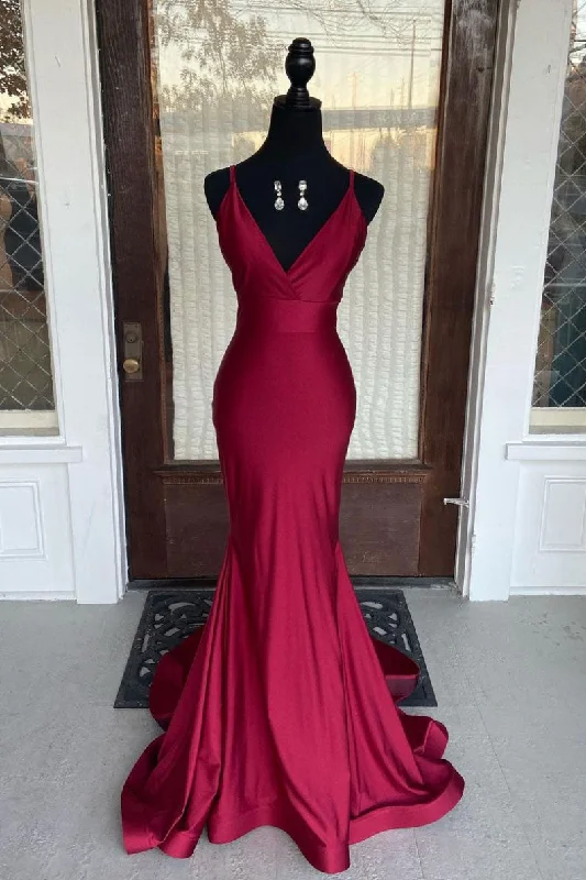 Simple burgundy v neck satin mermaid long prom dress burgundy evening dress Tunics Occasion special Simple burgundy v neck satin mermaid long prom dress burgundy evening dress Tunics Occasion special