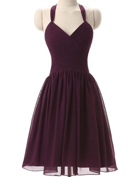 Simple Dark Purple Short Bridesmaid Dresses, Purple Wedding Party Dresses, Halter Bridesmaid Dresses Tunics Seasonal trendy Simple Dark Purple Short Bridesmaid Dresses, Purple Wedding Party Dresses, Halter Bridesmaid Dresses Tunics Seasonal trendy
