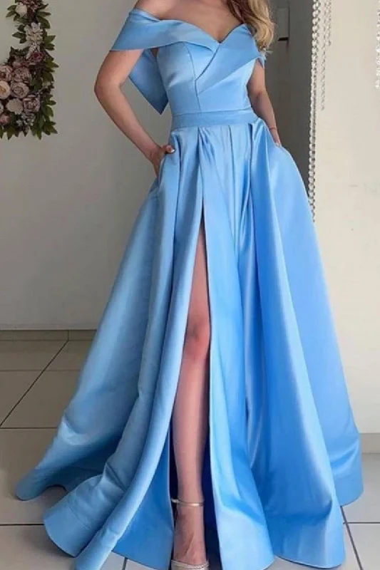 Simple off shoulder satin long blue prom dress, blue evening dress Glittery Long Formal Simple off shoulder satin long blue prom dress, blue evening dress Glittery Long Formal