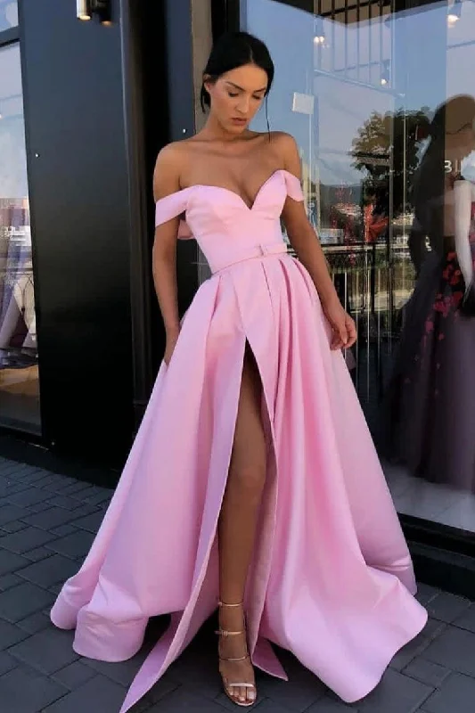 Simple pink off shoulder satin long prom dress pink evening dress Tunics Leisure comfortable Simple pink off shoulder satin long prom dress pink evening dress Tunics Leisure comfortable