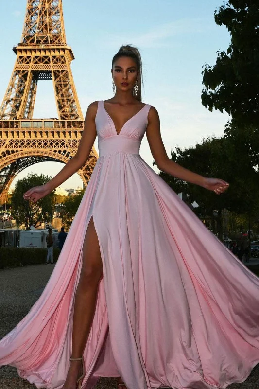 Simple pink v neck satin long prom dress pink evening dress Tunics Versatile stylish Simple pink v neck satin long prom dress pink evening dress Tunics Versatile stylish