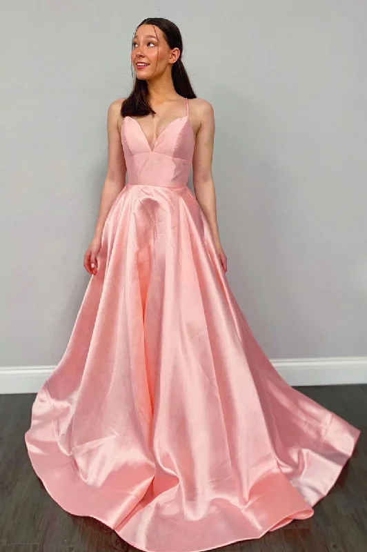 Simple pink v neck satin long prom dress pink evening dress Square Neckline Feminine Simple pink v neck satin long prom dress pink evening dress Square Neckline Feminine