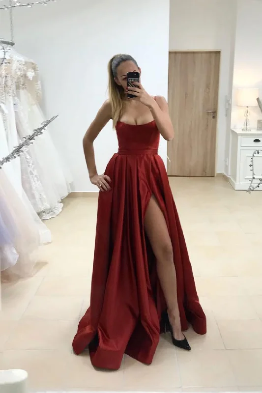 Simple satin burgundy long prom dress burgundy evening dress High-Low Hemline Casual Simple satin burgundy long prom dress burgundy evening dress High-Low Hemline Casual