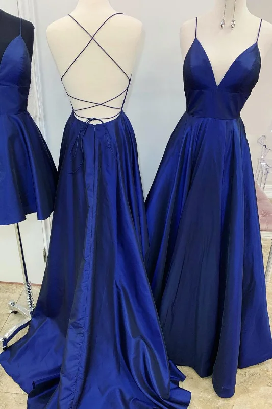 Simple v neck blue satin long prom dress blue evening dress Square Neckline Feminine Simple v neck blue satin long prom dress blue evening dress Square Neckline Feminine