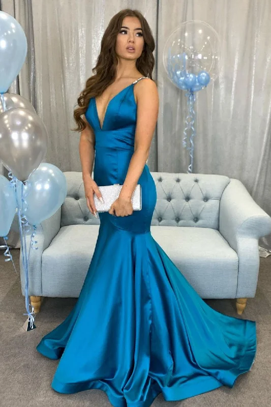 Simple v neck Peacock blue satin long prom dress blue evening dress Tunics Ceremony elegant Simple v neck Peacock blue satin long prom dress blue evening dress Tunics Ceremony elegant