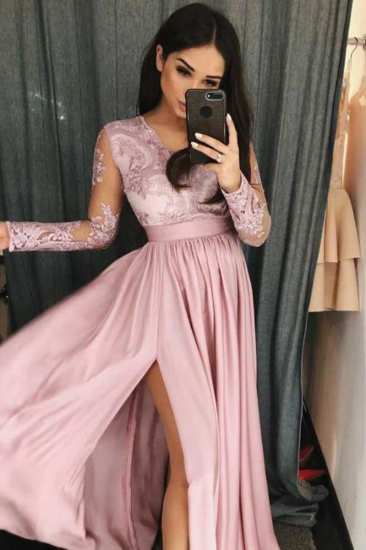 Simple V Neck Prom Long Sleeves Pink Split Evening Dress with Lace High-Low Hemline Casual Simple V Neck Prom Long Sleeves Pink Split Evening Dress with Lace High-Low Hemline Casual