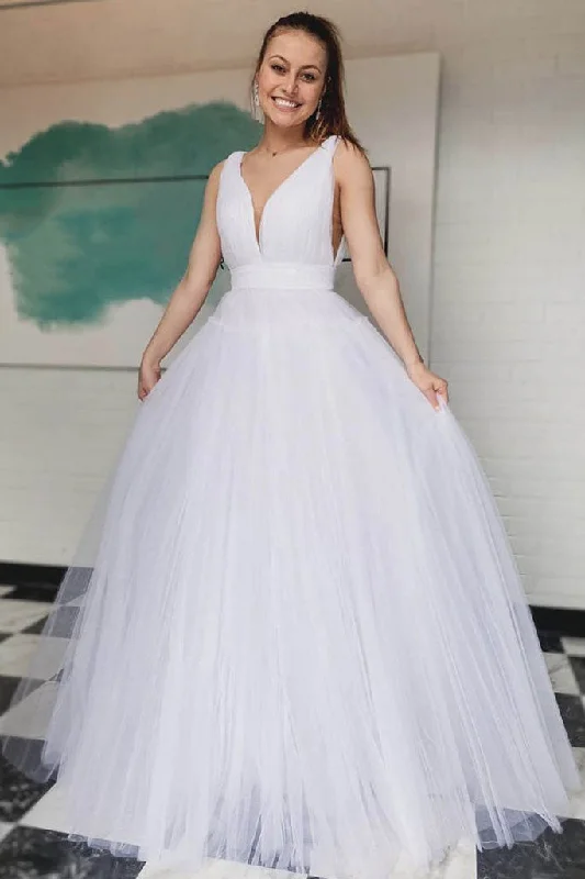 Simple v neck white tulle long prom dress white long evening dress Tunics Bridal satin Simple v neck white tulle long prom dress white long evening dress Tunics Bridal satin