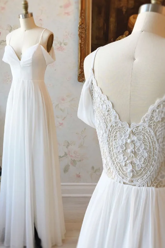 Simple white off shoulder chiffon lace long prom dress evening dress empire Waist empire Simple white off shoulder chiffon lace long prom dress evening dress empire Waist empire