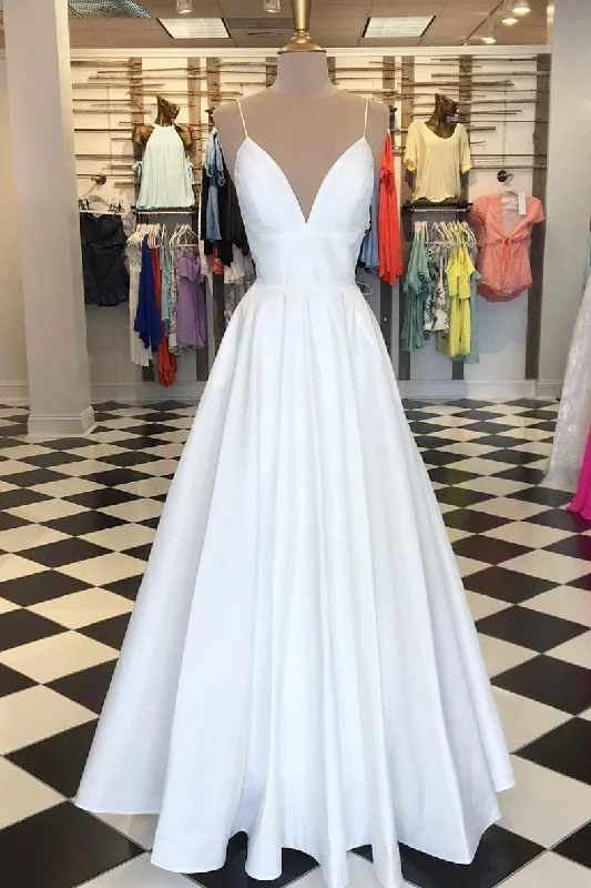 Simple white v neck satin long prom dress white evening dress Bodycon Fitted Nightout Simple white v neck satin long prom dress white evening dress Bodycon Fitted Nightout