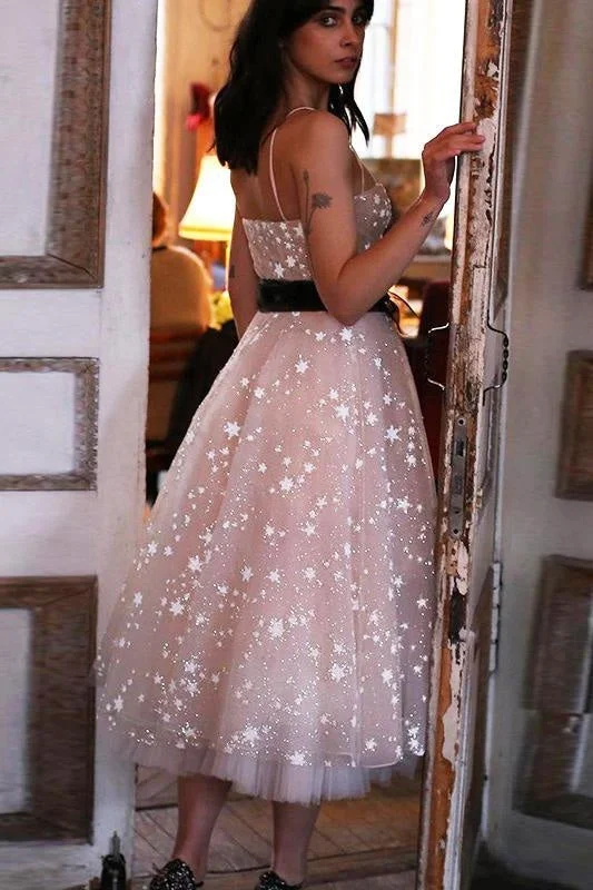Spaghetti Strap Tea Length Starry Tulle Homecoming with Belt Party Dress Tunics Polka dots Spaghetti Strap Tea Length Starry Tulle Homecoming with Belt Party Dress Tunics Polka dots