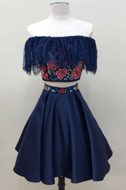 Two Piece Dark Blue Off the Shoulder Satin Homecoming Unique Party Dress with Lace Off-the-shoulder Chic Trendy Two Piece Dark Blue Off the Shoulder Satin Homecoming Unique Party Dress with Lace Off-the-shoulder Chic Trendy