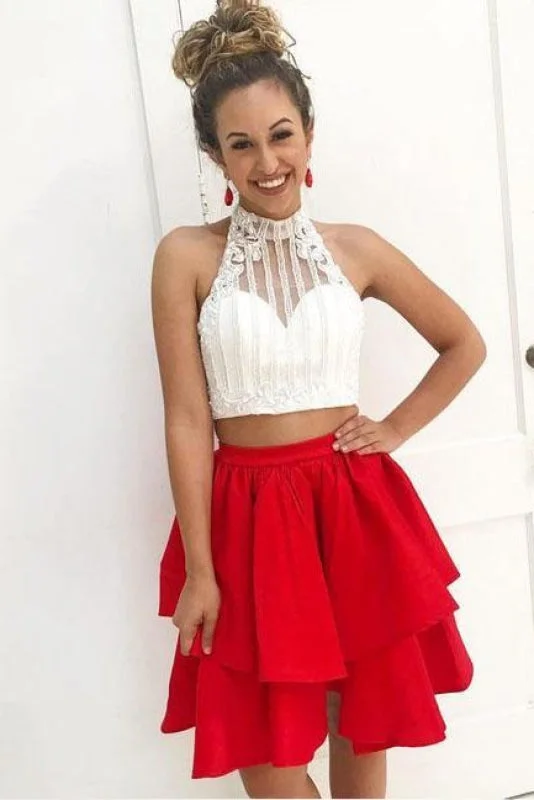 Two Piece High Neck Sleeveless Tiered Homecoming Dresses with Beads A-line Party Dress Tunics Trendy modern Two Piece High Neck Sleeveless Tiered Homecoming Dresses with Beads A-line Party Dress Tunics Trendy modern