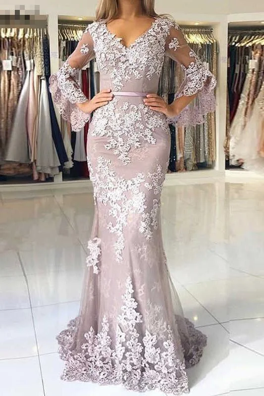 V Neck Long Prom Mermaid Lace Appliqued Evening Dress with Sleeves Tunics Sophisticated sleek V Neck Long Prom Mermaid Lace Appliqued Evening Dress with Sleeves Tunics Sophisticated sleek