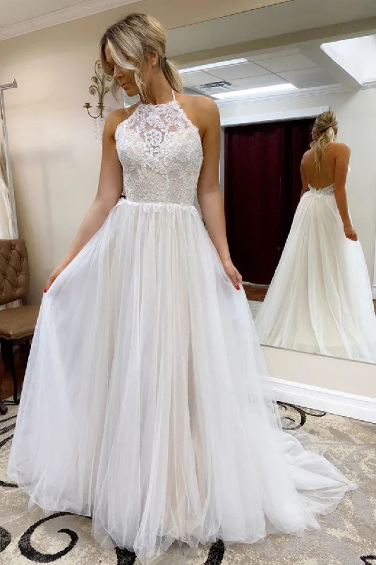 White high neck tulle lace long prom dress evening dress Off-the-shoulder Chic Trendy White high neck tulle lace long prom dress evening dress Off-the-shoulder Chic Trendy