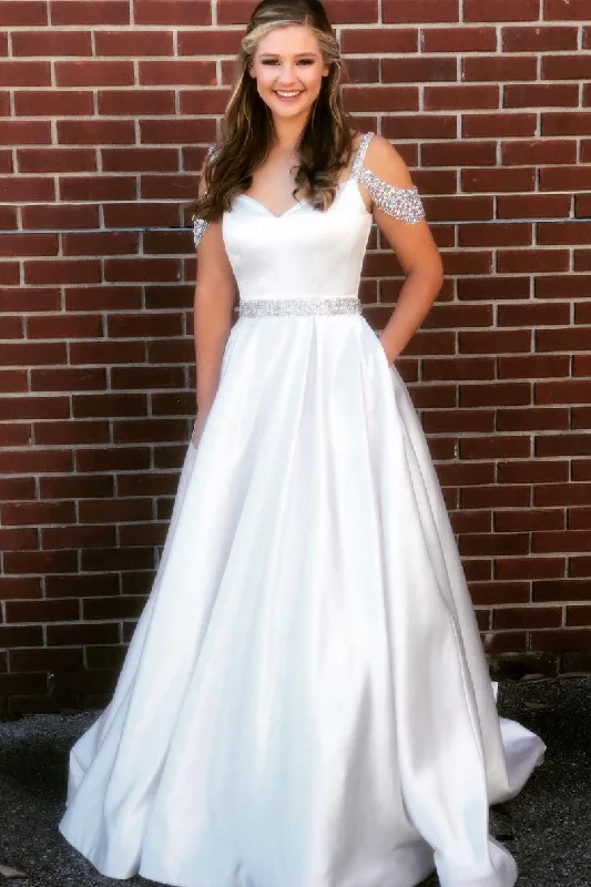 White v neck satin sequin beads long prom dress white evening dress Sequined Elegant Party White v neck satin sequin beads long prom dress white evening dress Sequined Elegant Party