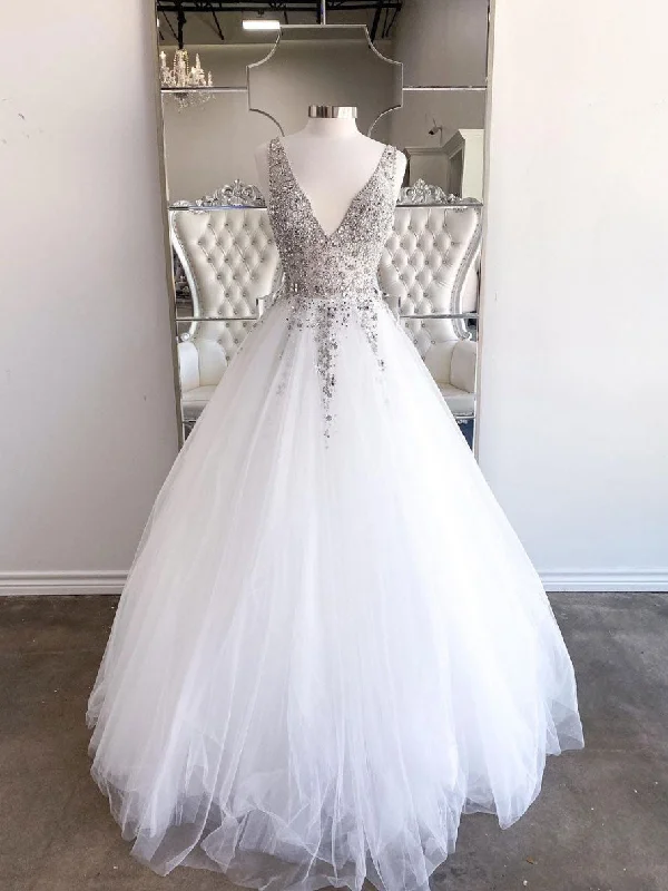 White v neck tulle beads sequin long prom dress white evening dress Tunics Floral girly White v neck tulle beads sequin long prom dress white evening dress Tunics Floral girly