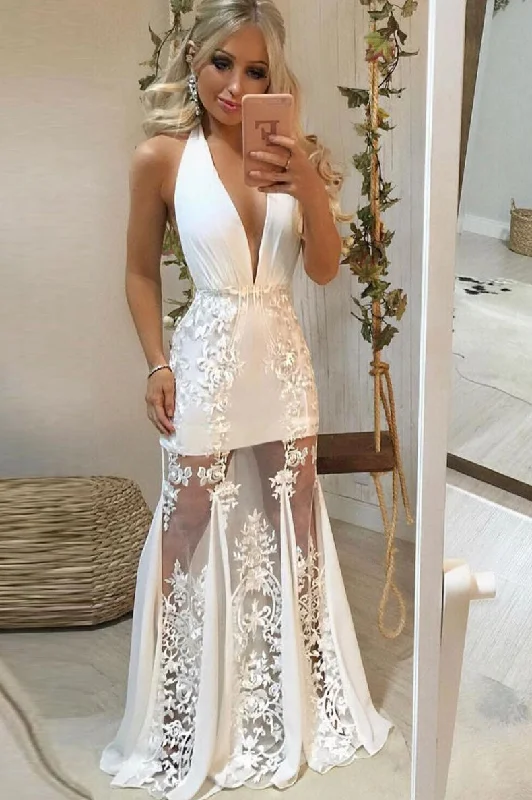 White v neck tulle lace long prom dress lace evening dress Tunics Denim casual