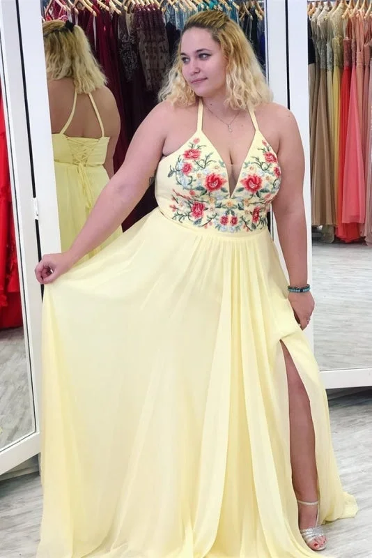 Yellow Halter Appliques Plus Size Prom with Slit A Line V Neck Sleeveless Party Dress Tunics New arrival Yellow Halter Appliques Plus Size Prom with Slit A Line V Neck Sleeveless Party Dress Tunics New arrival