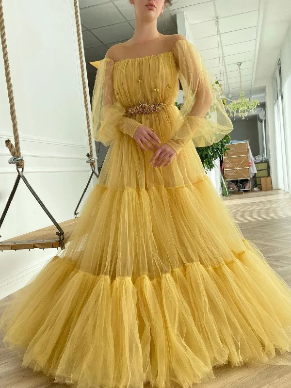 Yellow round neck tulle beads long prom dress, yellow evening dress Boat Neckline Classic Yellow round neck tulle beads long prom dress, yellow evening dress Boat Neckline Classic