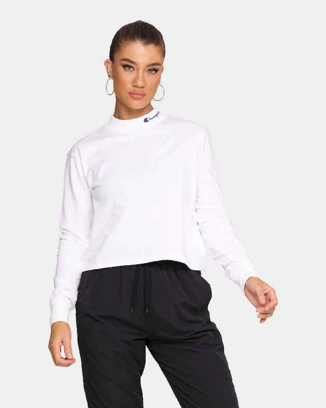 Champion Women's Heritage Mock Neck Long Sleeve T-Shirt White Spandex Blend Rayon Blend Denim Blend Champion Women's Heritage Mock Neck Long Sleeve T-Shirt White Spandex Blend Rayon Blend Denim Blend