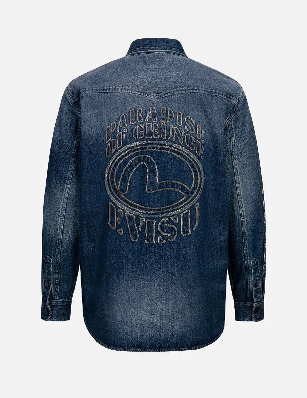 Grunge Style Logo and Seagull Appliqué Relax Fit Denim Shirt Collared Crew Neck Turtle Neck Grunge Style Logo and Seagull Appliqué Relax Fit Denim Shirt Collared Crew Neck Turtle Neck