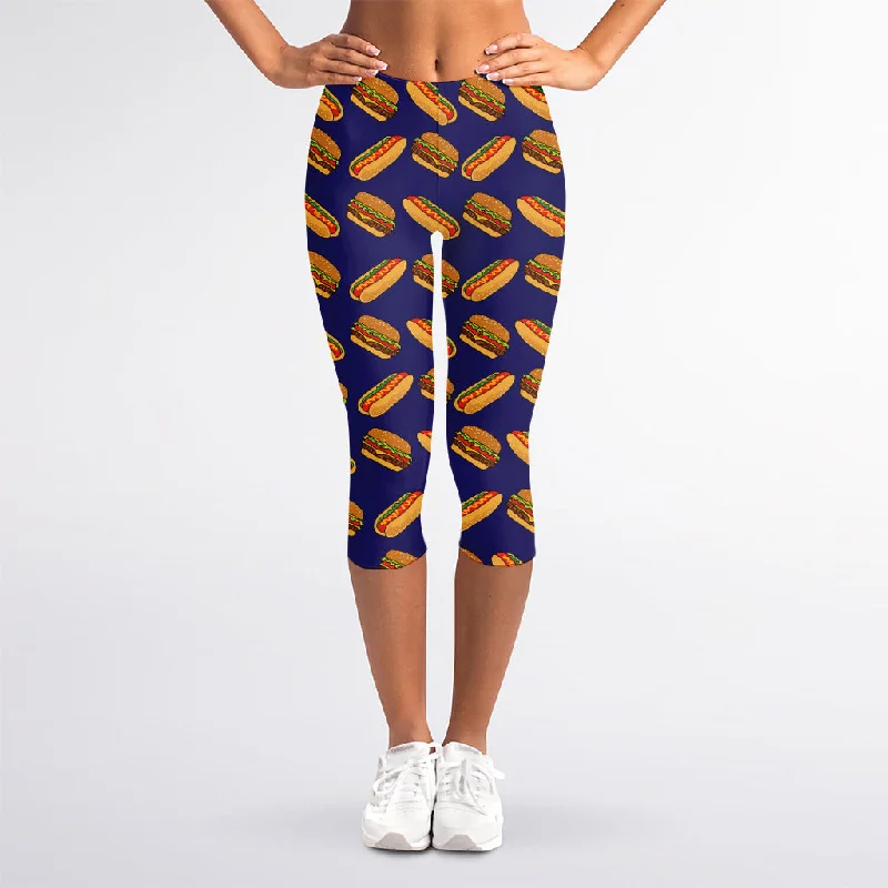 Hot Dog And Hamburger Pattern Print Women's Capri Leggings Fashionable High-Rise Leggings Hot Dog And Hamburger Pattern Print Women's Capri Leggings Fashionable High-Rise Leggings