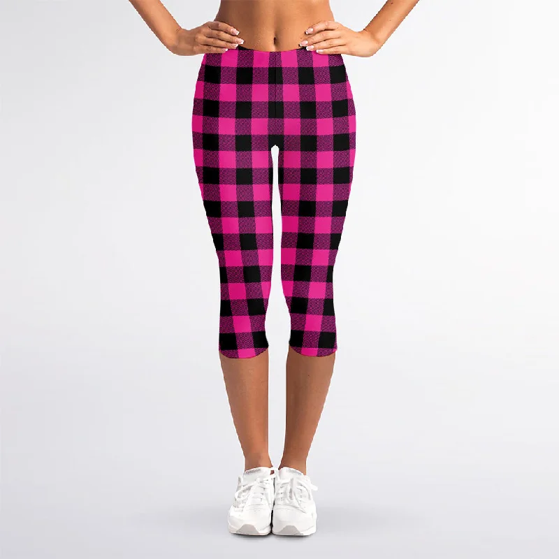 Hot Pink And Black Buffalo Check Print Women's Capri Leggings Stylish Faux Leather Leggings Hot Pink And Black Buffalo Check Print Women's Capri Leggings Stylish Faux Leather Leggings