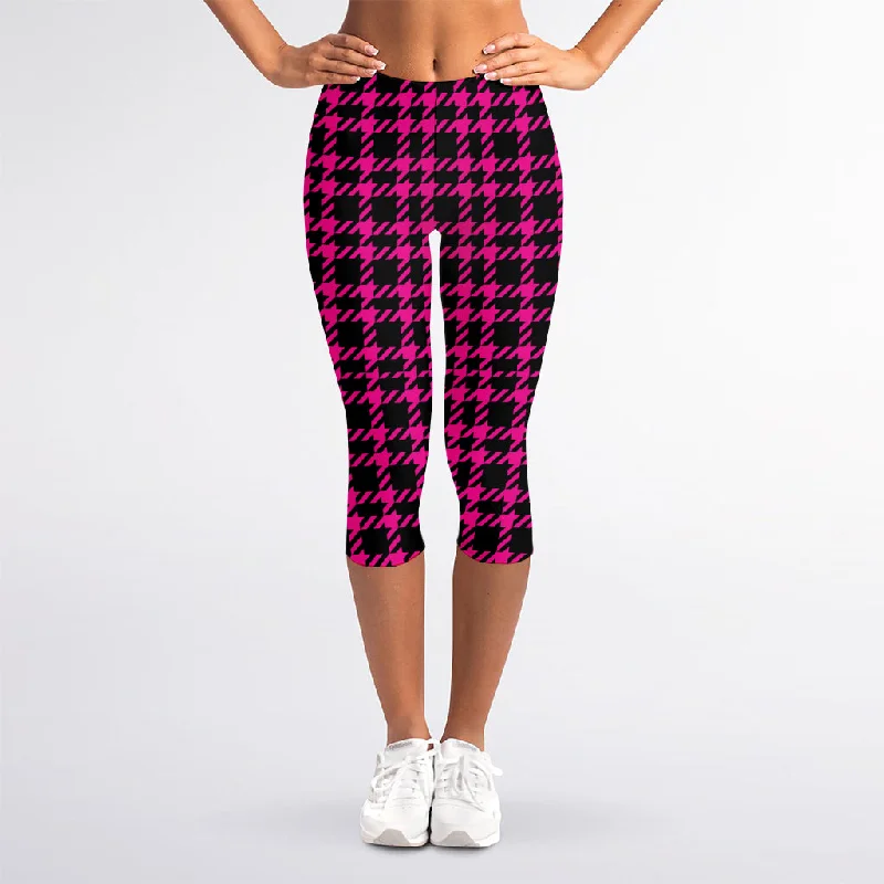 Hot Pink And Black Houndstooth Print Women's Capri Leggings Chic Floral Print Leggings Hot Pink And Black Houndstooth Print Women's Capri Leggings Chic Floral Print Leggings