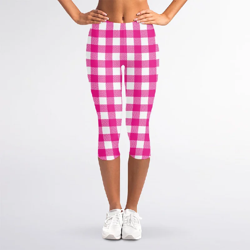 Hot Pink And White Buffalo Check Print Women's Capri Leggings Cozy Sweat-Wicking Leggings Hot Pink And White Buffalo Check Print Women's Capri Leggings Cozy Sweat-Wicking Leggings