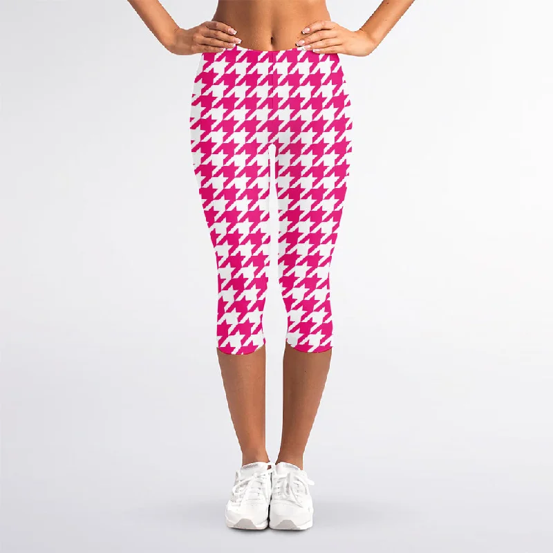 Hot Pink And White Houndstooth Print Women's Capri Leggings Fashionable Seamless Leggings Hot Pink And White Houndstooth Print Women's Capri Leggings Fashionable Seamless Leggings