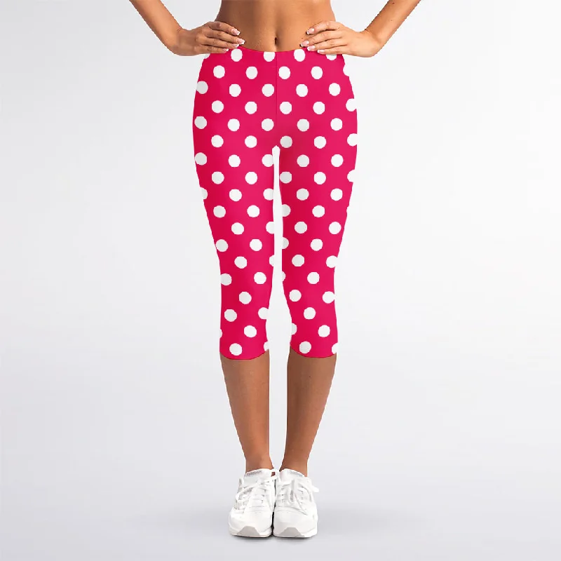 Hot Pink And White Polka Dot Print Women's Capri Leggings Trendy Sports Performance Leggings Hot Pink And White Polka Dot Print Women's Capri Leggings Trendy Sports Performance Leggings