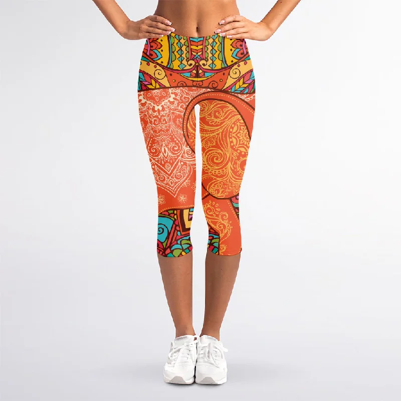 Indian Boho Hippie Elephant Print Women's Capri Leggings Fashionable Quick-Dry Yoga Pants Indian Boho Hippie Elephant Print Women's Capri Leggings Fashionable Quick-Dry Yoga Pants
