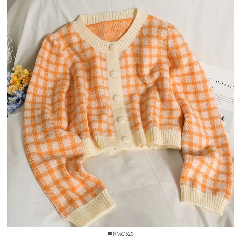 Korean retro color block check short loose knit women's shirt 1815 Denim Fabric Leather Fabric Suede Fabric Korean retro color block check short loose knit women's shirt 1815 Denim Fabric Leather Fabric Suede Fabric