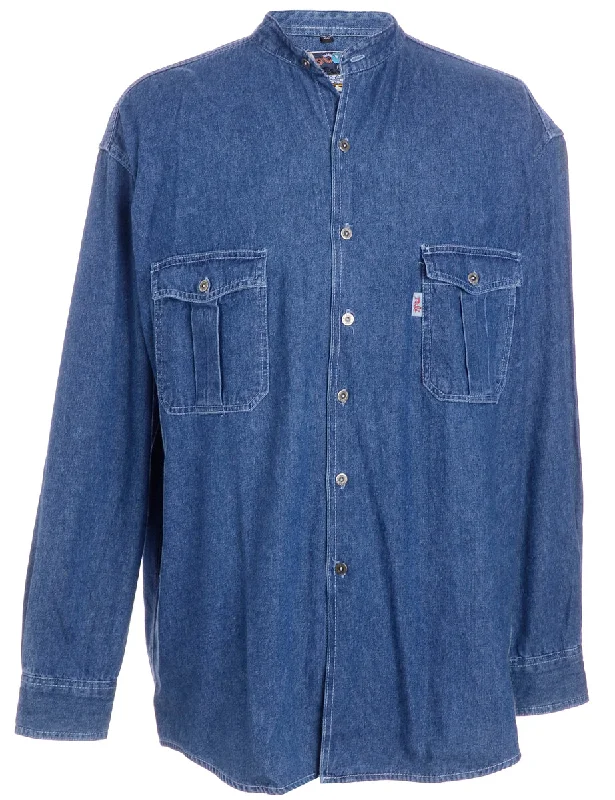 Label Charles Grandad Collar Denim Shirt Welt Pockets Slit Pockets Flap Pockets