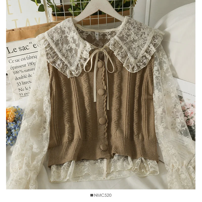Lace bottomed shirt with vertical stripe knit vest 1714 Handmade Hand-knitted Hand-woven Lace bottomed shirt with vertical stripe knit vest 1714 Handmade Hand-knitted Hand-woven