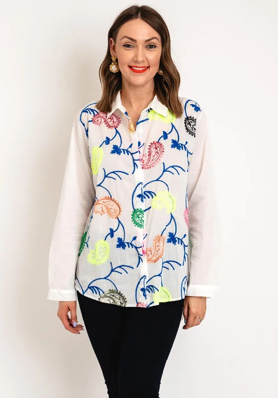 Serafina Collection One Size Embroidered Paisley Shirt, White Cotton Fabric Linen Fabric Terry Fabric Serafina Collection One Size Embroidered Paisley Shirt, White Cotton Fabric Linen Fabric Terry Fabric