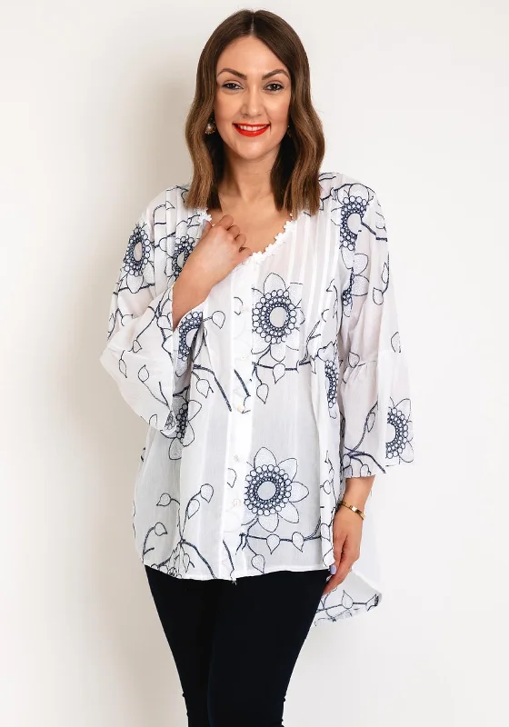 Serafina Collection One Size Floral Embroidered Cotton Shirt, White Fleece Fabric Down Fabric Feather Fabric Serafina Collection One Size Floral Embroidered Cotton Shirt, White Fleece Fabric Down Fabric Feather Fabric