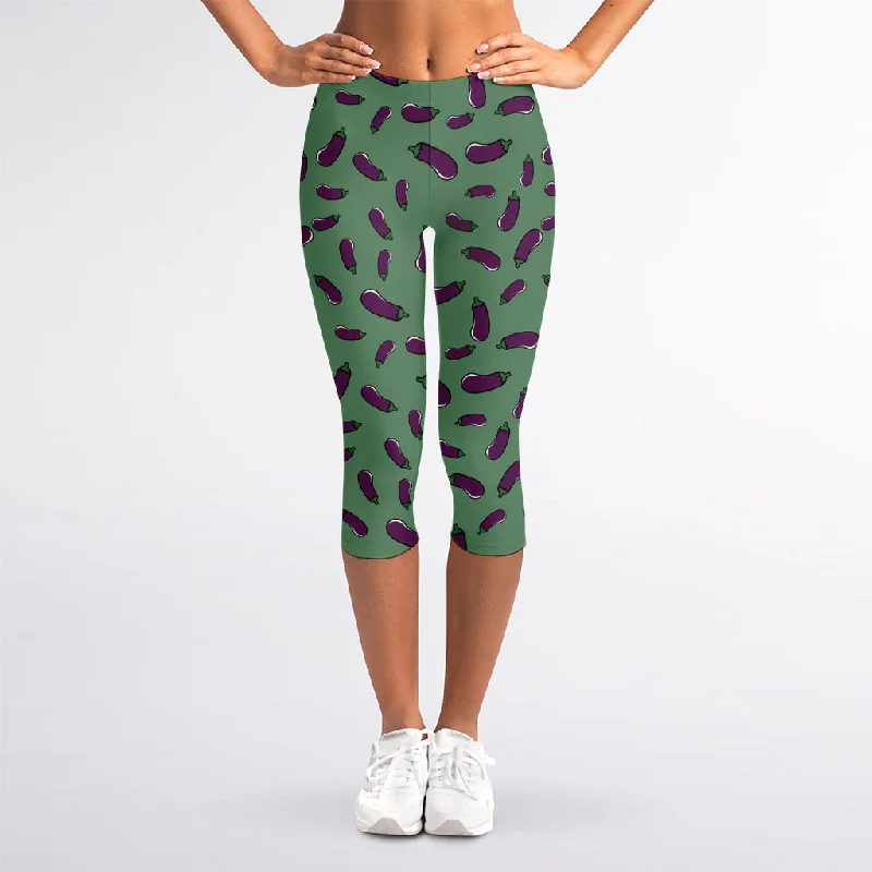 Little Purple Eggplant Pattern Print Women's Capri Leggings Trendy Cold Weather Tights Little Purple Eggplant Pattern Print Women's Capri Leggings Trendy Cold Weather Tights