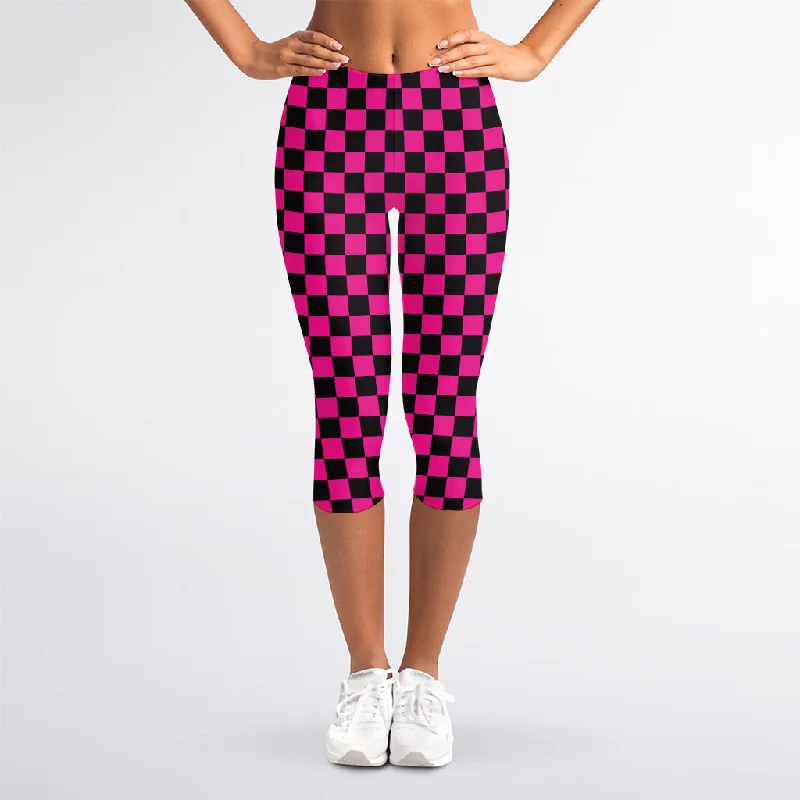 Magenta Pink And Black Checkered Print Women's Capri Leggings Cozy Reflective Detail Leggings Magenta Pink And Black Checkered Print Women's Capri Leggings Cozy Reflective Detail Leggings