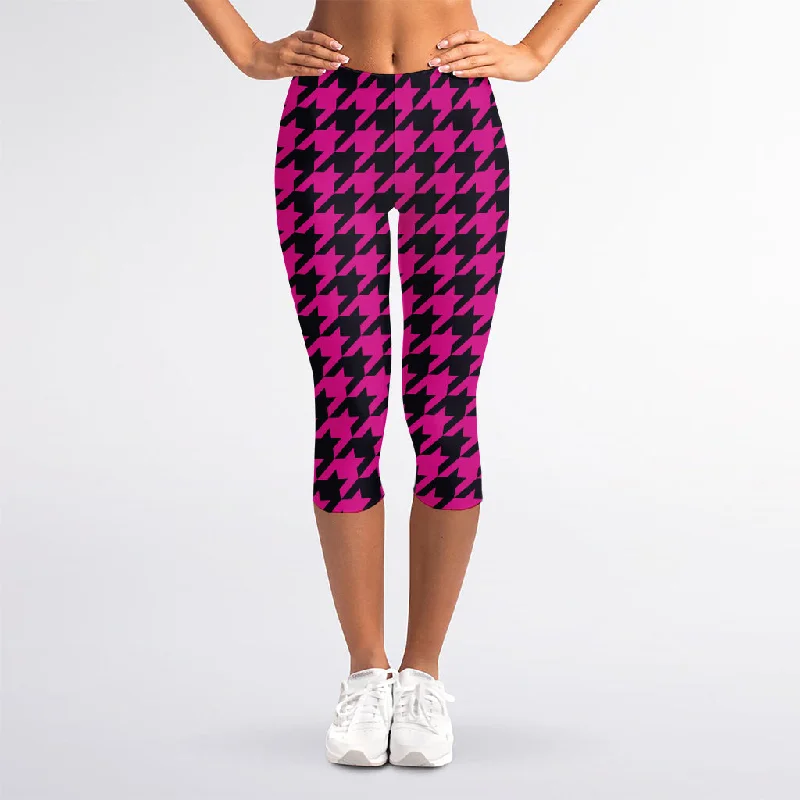 Magenta Pink And Black Houndstooth Print Women's Capri Leggings Fashionable Floral Active Leggings Magenta Pink And Black Houndstooth Print Women's Capri Leggings Fashionable Floral Active Leggings