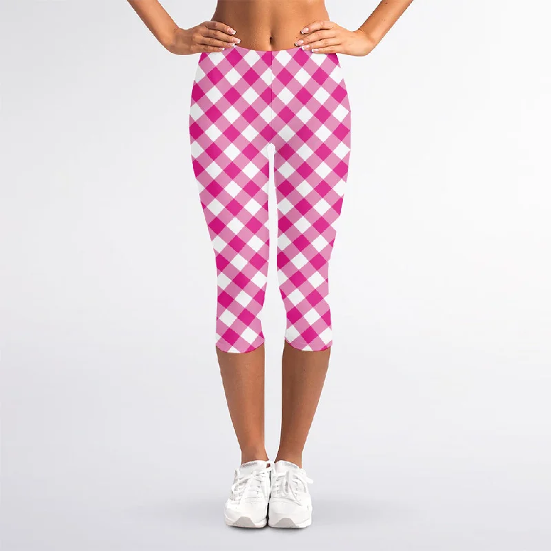 Magenta Pink And White Gingham Print Women's Capri Leggings Elegant Embellished Leggings Magenta Pink And White Gingham Print Women's Capri Leggings Elegant Embellished Leggings