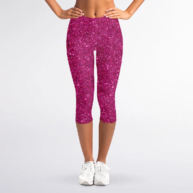 Magenta Pink (NOT Real) Glitter Print Women's Capri Leggings Elegant Shiny Black Leggings Magenta Pink (NOT Real) Glitter Print Women's Capri Leggings Elegant Shiny Black Leggings