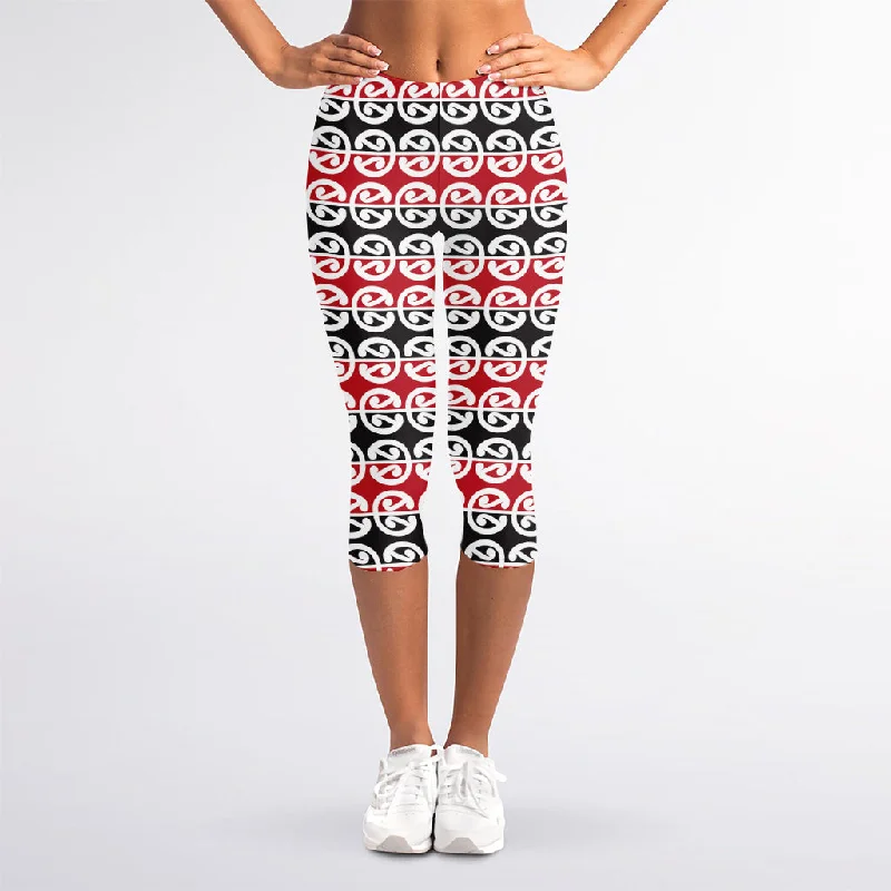 Maori Kowhaiwhai Pattern Print Women's Capri Leggings Comfortable Workout Fitness Leggings Maori Kowhaiwhai Pattern Print Women's Capri Leggings Comfortable Workout Fitness Leggings