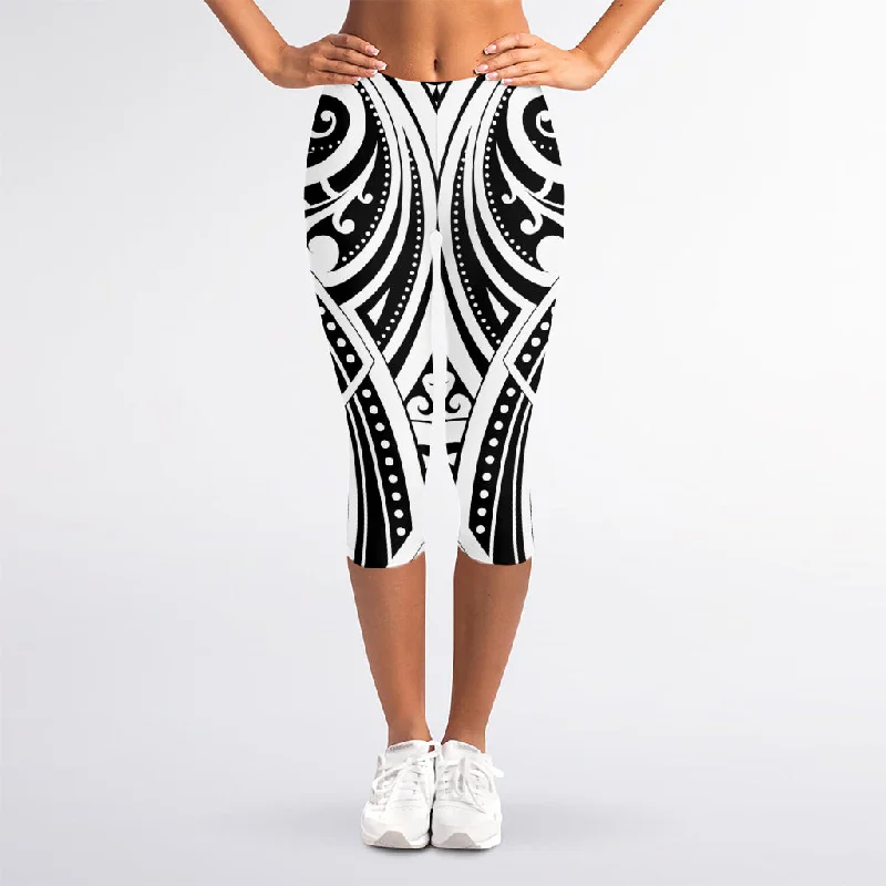 Maori Tribal Tattoo Pattern Print Women's Capri Leggings Elegant Stretchy Faux Leather Leggings Maori Tribal Tattoo Pattern Print Women's Capri Leggings Elegant Stretchy Faux Leather Leggings