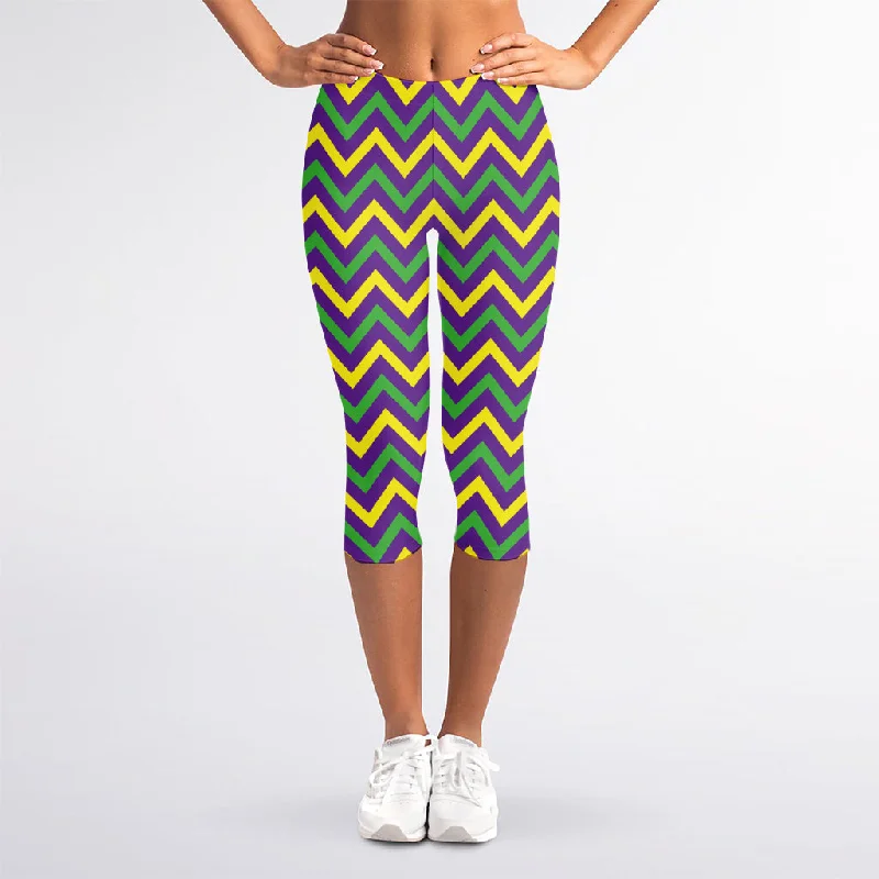 Mardi Gras Chevron Pattern Print Women's Capri Leggings Cozy Full-Length Workout Leggings Mardi Gras Chevron Pattern Print Women's Capri Leggings Cozy Full-Length Workout Leggings