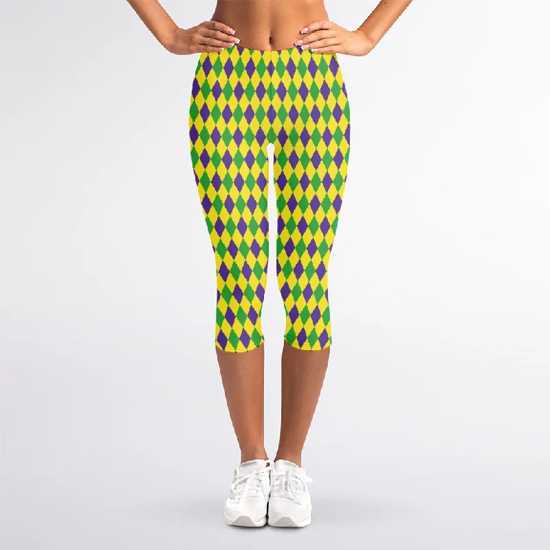 Mardi Gras Fat Tuesday Pattern Print Women's Capri Leggings Stylish Faux Leather Leggings Mardi Gras Fat Tuesday Pattern Print Women's Capri Leggings Stylish Faux Leather Leggings