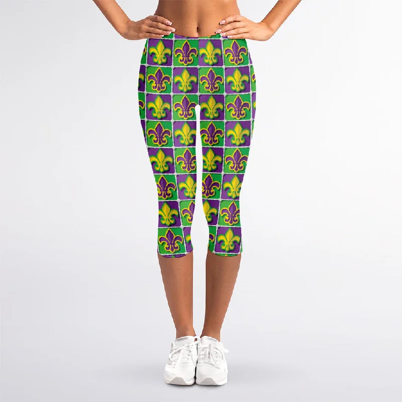 Mardi Gras Fleur De Lis Pattern Print Women's Capri Leggings Fashionable Leather-Look Leggings Mardi Gras Fleur De Lis Pattern Print Women's Capri Leggings Fashionable Leather-Look Leggings