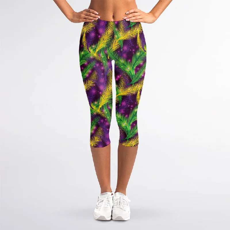 Mardi Gras Palm Leaf Pattern Print Women's Capri Leggings Comfortable Stretch Leggings Mardi Gras Palm Leaf Pattern Print Women's Capri Leggings Comfortable Stretch Leggings